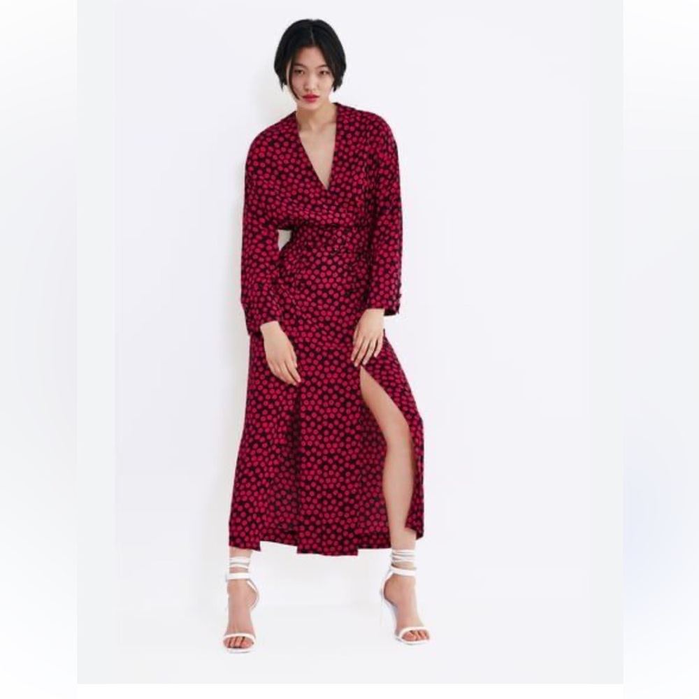 Zara Berry Polka Dot Midi Dress, Size M $80